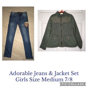 Girls Size Medium 7/8 Jeans With Owl Patch & Green Denim Crazy 8 Eyelet Jacket